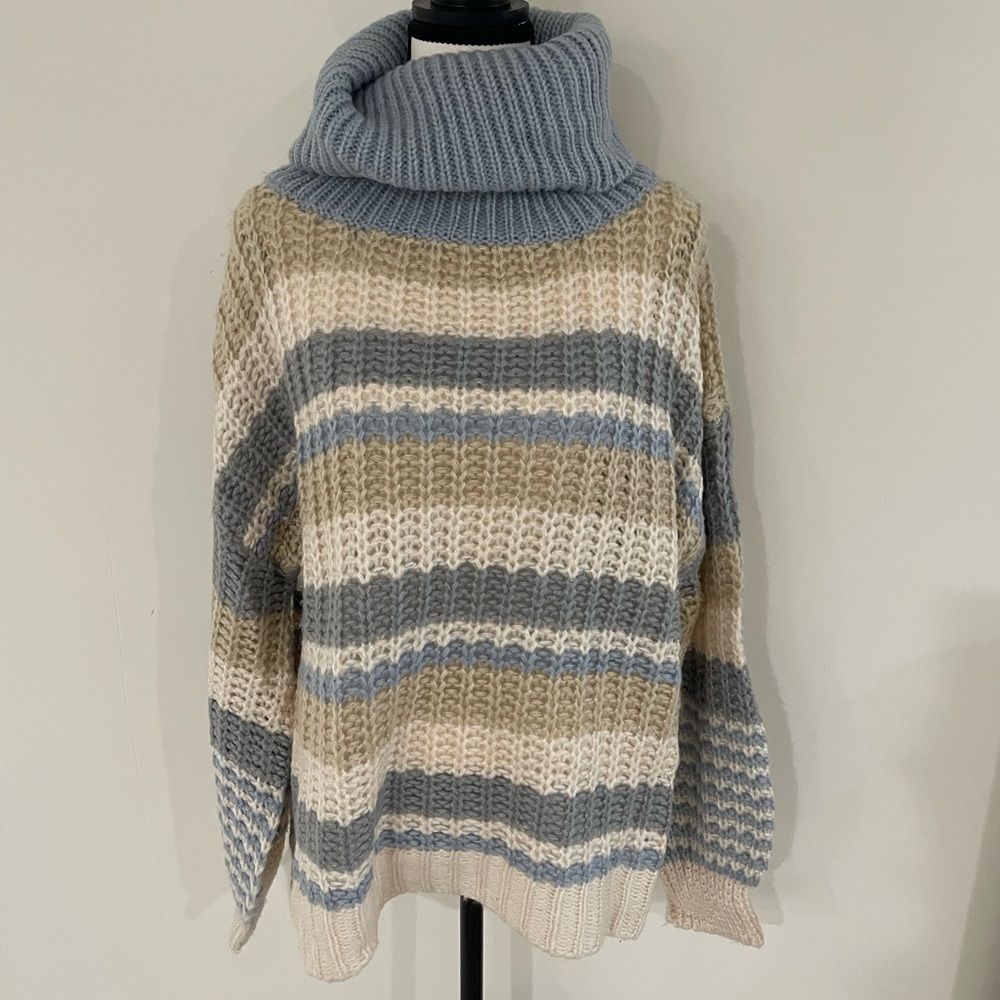 Tan and Blue Chunky Knit Cowl Neck Sweater